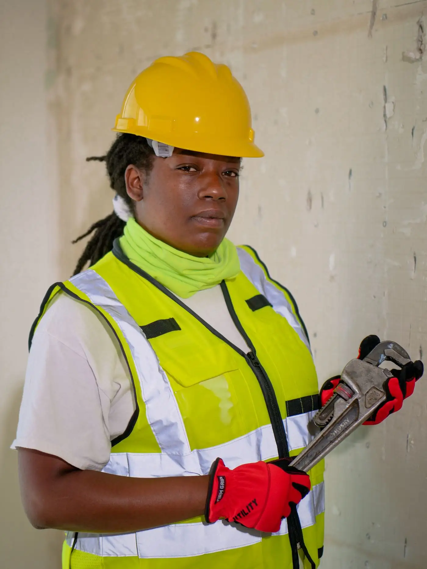 A plumber with a pipe wrench on site