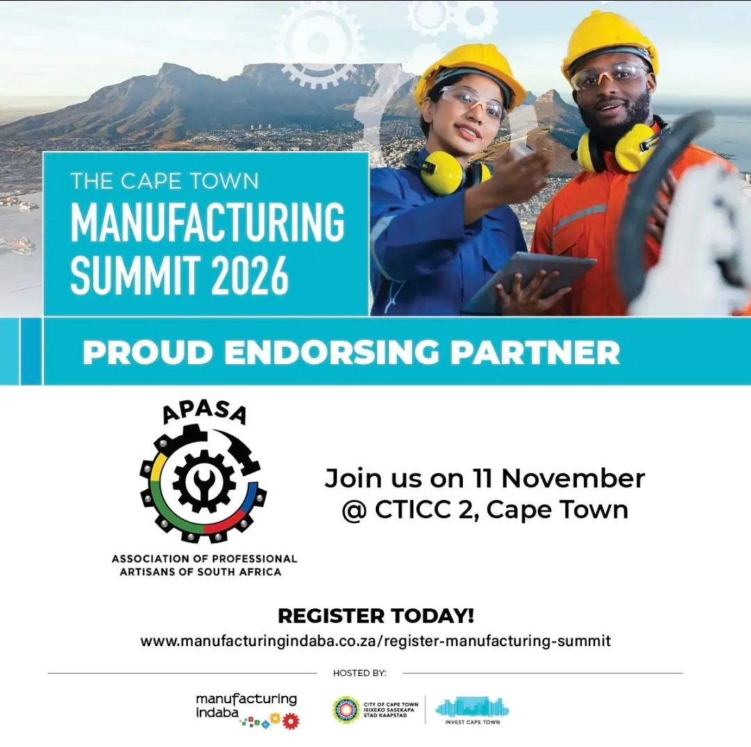 Two artisans in hard hats on the Cape Town Manufacturing Summit 2026 endorsing partner poster